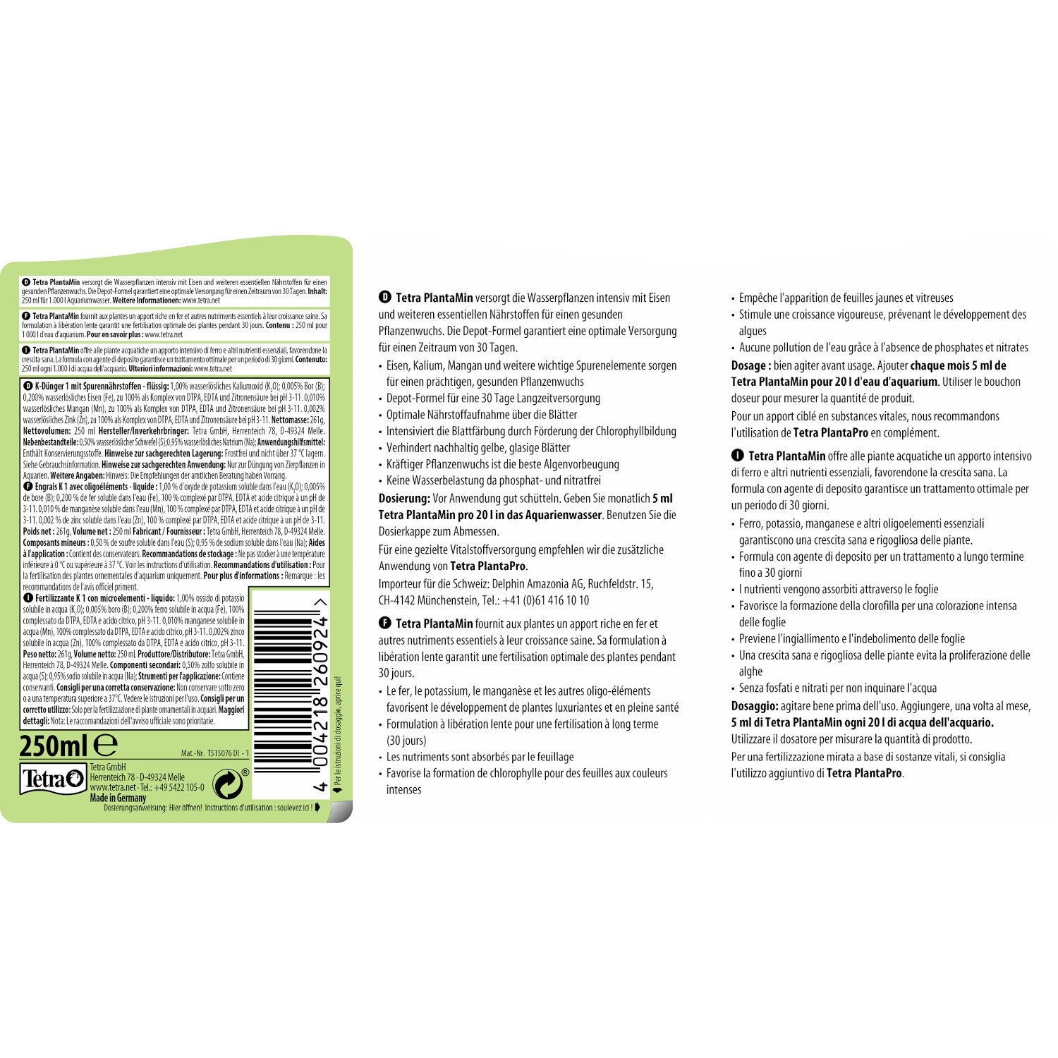 Fertilizzante Tetra PlantaMin Per Piante Acquario - 250 Ml, Nutriente Mensile Per Piante Verdi